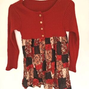 Vintage 90s Panache Red Multi Button Floral Patchwork Ribbed Sweater Tunic Retro